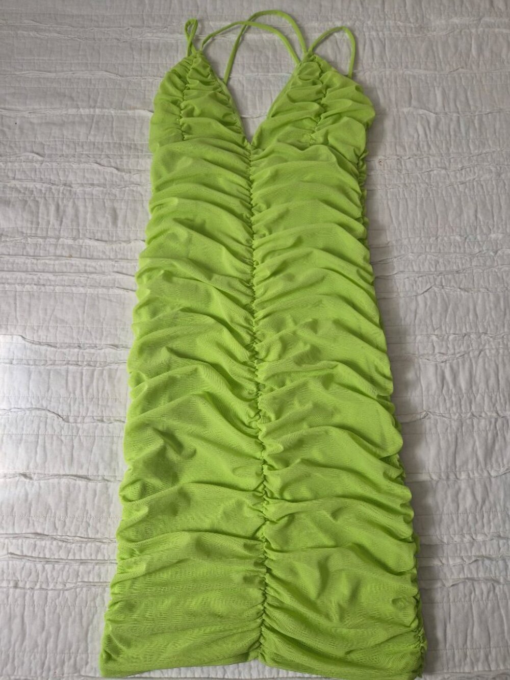 Spring Haze Lime Green Ruched Mesh Bodycon Dress